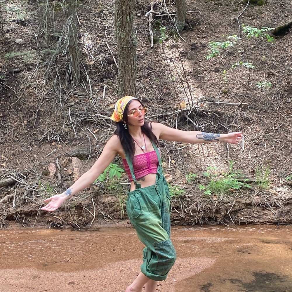 Boho Olive/green Monthorigin vintage overalls with beautiful nature patch work